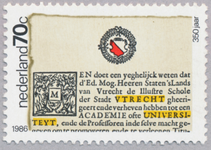 711742 Postzegelserie ‘Utrecht’: zegel 70 cent, ongestempeld, met een tekstfragment verwijzend naar het 350-jarig ...